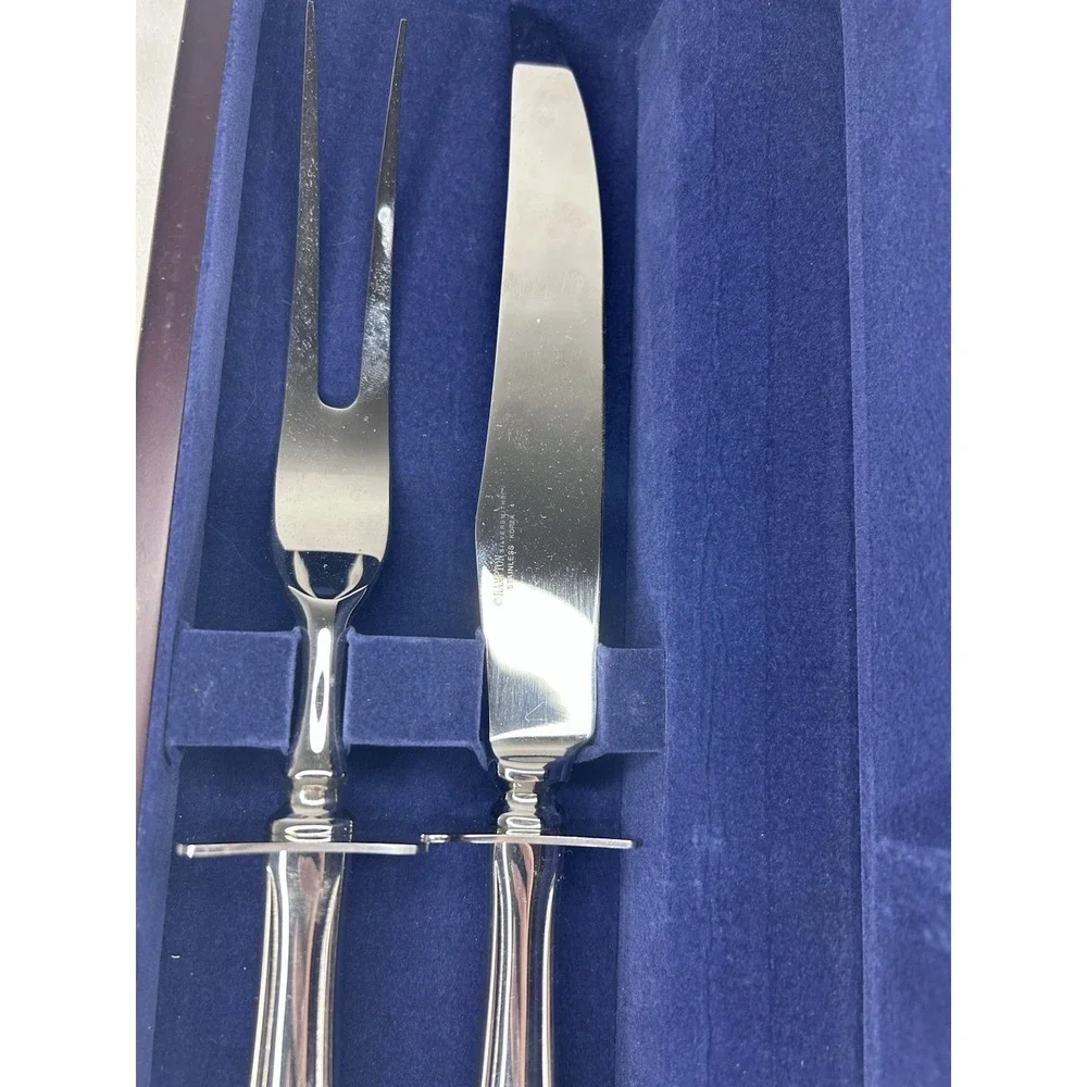 Hampton Silversmiths Stainless Steel Carving Knife and Fork Set w‎ Wood Box NEW